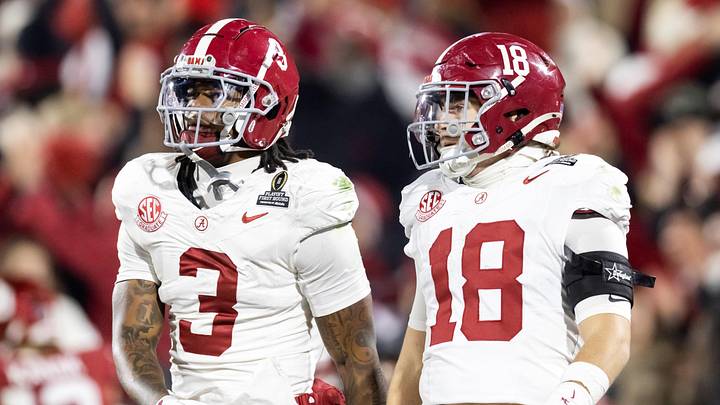 Dec 19, 2025; Norman, OK, USA; Alabama Crimson Tide defensive back Keon Sabb (3) and defensive back Bray Hubbard (18) against the Oklahoma Sooners during the CFP National Playoff First Round at Gaylord Family Oklahoma Memorial Stadium. Mandatory Credit: Mark J. Rebilas-Imagn Images Dec 19, 2025; Norman, OK, USA; Alabama Crimson Tide defensive back Keon Sabb (3) and defensive back Bray Hubbard (18) against the Oklahoma Sooners during the CFP National Playoff First Round at Gaylord Family Oklahoma Memorial Stadium. Mandatory Credit: Mark J. Rebilas-Imagn Images