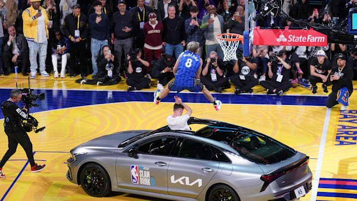 Osceola Magic guard Mac McClung competes in the NBA slam dunk competition.