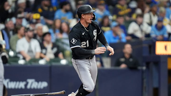 Chicago White Sox left fielder Austin Hays (21) singles on a ground ball to Milwaukee Brewers second baseman Brice Turang (2) during the fourth inning of the Opening Day game on Thursday March 26, 2026 at American Family Field in Milwaukee, Wisconsin.