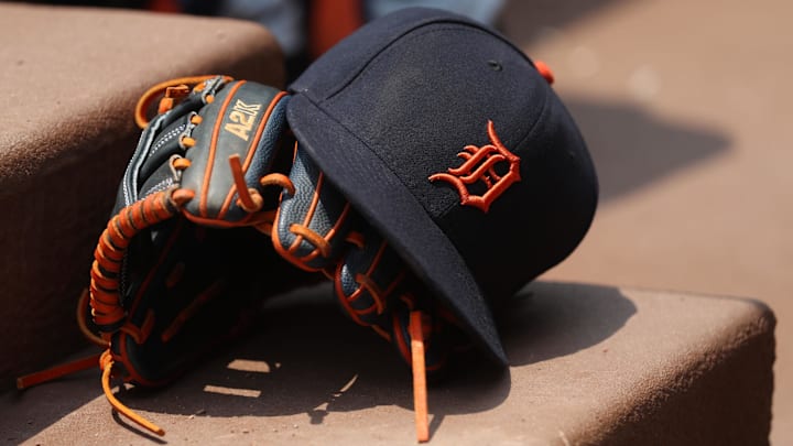 Jun 2, 2019; Atlanta, GA, USA; A Detroit Tigers hat and glove is shown in their dugout before their game against the Atlanta Braves at SunTrust Park.