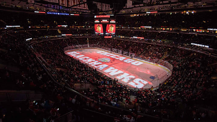 Oct 27, 2017; Chicago, IL, USA; The Chicago Blackhawks logo is projected onto the ice prior to a game against the Nashville Predators at United Center. Mandatory Credit: Patrick Gorski-Imagn Images Oct 27, 2017; Chicago, IL, USA; The Chicago Blackhawks logo is projected onto the ice prior to a game against the Nashville Predators at United Center. Mandatory Credit: Patrick Gorski-Imagn Images