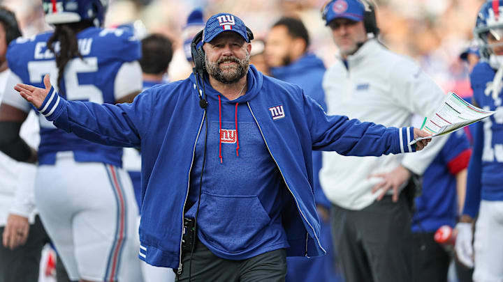 Dec 29, 2024; East Rutherford, New Jersey, USA; New York Giants head coach Brian Daboll reacts during the first half against the Indianapolis Colts at MetLife Stadium. Mandatory Credit: Vincent Carchietta-Imagn Images
