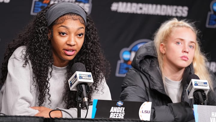 LSU Lady Tigers forward Angel Reese (10) and LSU Lady Tigers guard Hailey Van Lith (11) take questions from the media at MVP Arena, Sunday, March 31, 2024 in Albany, N.Y.