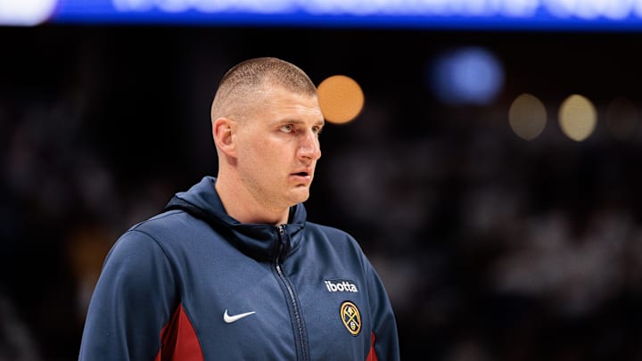 Denver Nuggets center Nikola Jokic (15) looks on before game one of the first round for the 2024 NBA playoffs at Ball Arena. 
