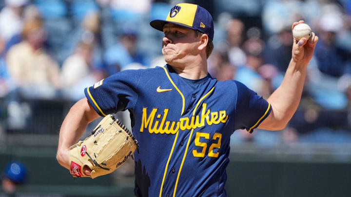 Apr 5, 2026; Kansas City, Missouri, USA; Milwaukee Brewers starting pitcher Kyle Harrison (52) delivers a pitch against the Milwaukee Brewers during the first inning at Kauffman Stadium. Mandatory Credit: Denny Medley-Imagn Images