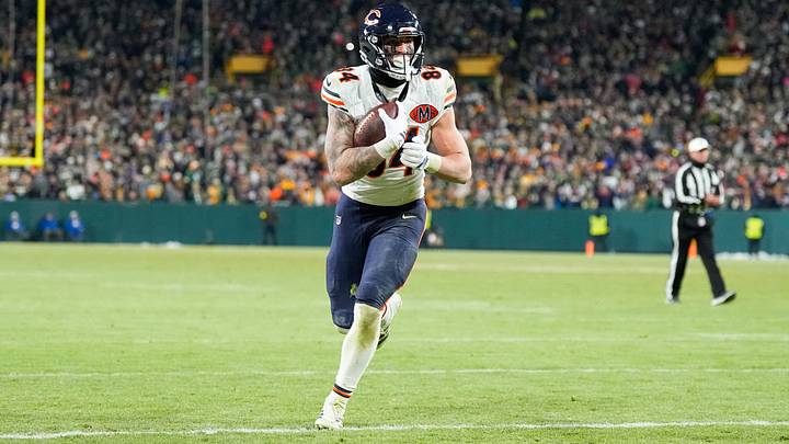 Dec 7, 2025; Green Bay, Wisconsin, USA; Chicago Bears tight end Colston Loveland (84) scores a touchdown in the fourth quarter against the Green Bay Packers at Lambeau Field. Mandatory Credit: Jeff Hanisch-Imagn Images