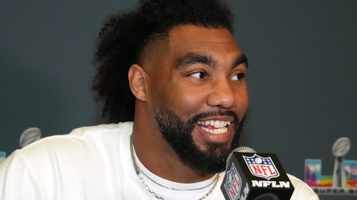 Feb 3, 2026; San Jose, CA, USA; Seattle Seahawks defensive end Leonard Williams (99) speaks to the media at Super Bowl LX press conference at the San Jose Convention Center. Mandatory Credit: Kirby Lee-Imagn Images