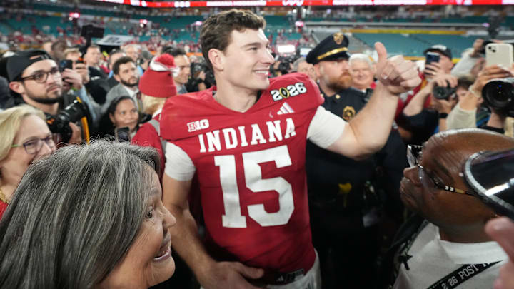 Indiana quarterback Fernando Mendoza (15) inadvertently turned heads during a post-game interview after the Hoosiers secured their first national championship.