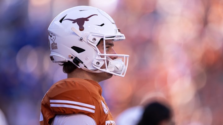 Nov 23, 2024; Austin, Texas, USA; Texas Longhorns quarterback Arch Manning (16) during pregame against the Kentucky Wildcats at Darrell K Royal-Texas Memorial Stadium.