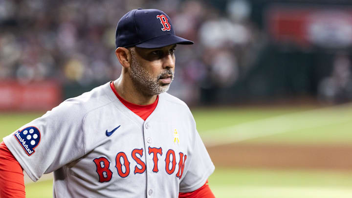 Sep 7, 2025; Phoenix, Arizona, USA; Boston Red Sox manager Alex Cora against the Arizona Diamondbacks at Chase Field. Mandatory Credit: Mark J. Rebilas-Imagn Images Sep 7, 2025; Phoenix, Arizona, USA; Boston Red Sox manager Alex Cora against the Arizona Diamondbacks at Chase Field. Mandatory Credit: Mark J. Rebilas-Imagn Images
