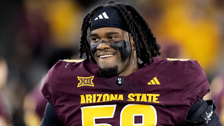 Nov 28, 2025; Tempe, Arizona, USA; Arizona State Sun Devils offensive lineman Max Iheanachor (58) against the Arizona Wildcats during the 99th Territorial Cup at Mountain America Stadium. Mandatory Credit: Mark J. Rebilas-Imagn Images