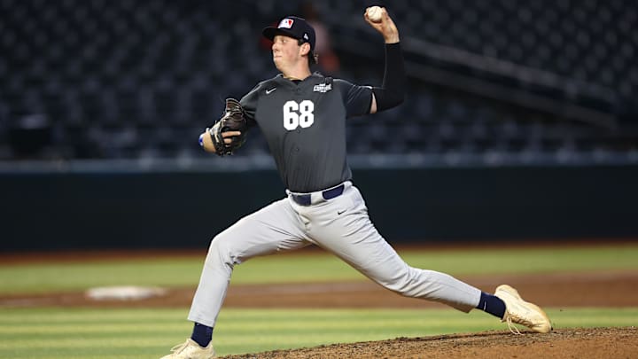 Draft prospect Blake Dickerson during a high school baseball game at the 2023 MLB Draft Combine.