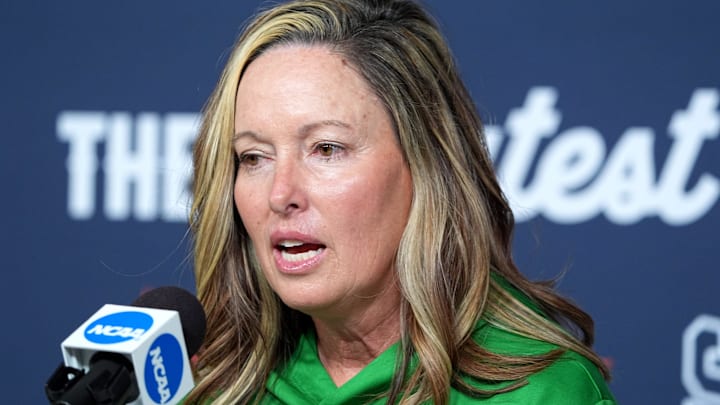 Oregon head softball coach Melyssa Lombardi speak during a press conference at media and practice day for the Women's College World Series at Devon Park in Oklahoma City, Wednesday, May, 28, 2025. Oregon head softball coach Melyssa Lombardi speak during a press conference at media and practice day for the Women's College World Series at Devon Park in Oklahoma City, Wednesday, May, 28, 2025.
