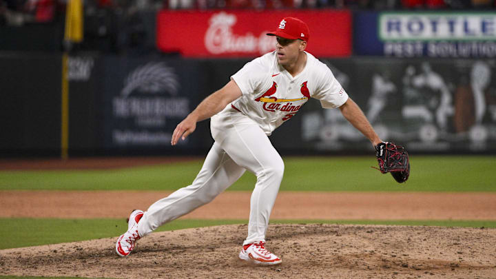 Mar 27, 2025; St. Louis, Missouri, USA;  St. Louis Cardinals relief pitcher Ryan Helsley (56) pitches against the Minnesota Twins during the ninth inning at Busch Stadium. Mandatory Credit: Jeff Curry-Imagn Images