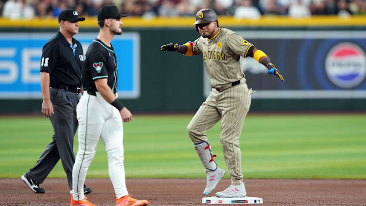 May 4, 2024; Phoenix, Arizona, USA; San Diego Padres designated hitter Luis Arraez (4) reacts after