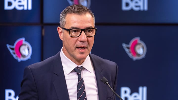 Jan 12, 2025; Ottawa, Ontario, CAN; President of Hockey Operations and General Manager Steve Staios speaks to the media pprior to match between the Dallas Stars and the  Ottawa Senators at the Canadian Tire Centre. Mandatory Credit: Marc DesRosiers-Imagn Images