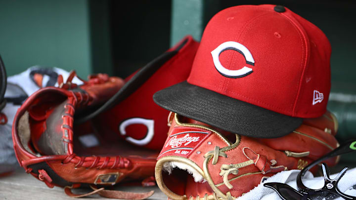 Jul 23, 2025; Washington, District of Columbia, USA; General view of Cincinnati Reds hat during the game against the Washington Nationals at Nationals Park. Mandatory Credit: Brad Mills-Imagn Images Jul 23, 2025; Washington, District of Columbia, USA; General view of Cincinnati Reds hat during the game against the Washington Nationals at Nationals Park. Mandatory Credit: Brad Mills-Imagn Images