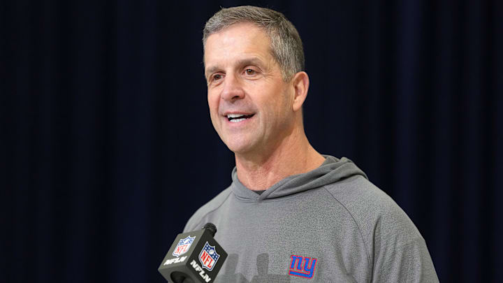 Feb 24, 2026; Indianapolis, IN, USA; New York Giants coach John Harbaugh speaks at the NFL Scouting Combine at the Indiana Convention Center. Mandatory Credit: Kirby Lee-Imagn Images