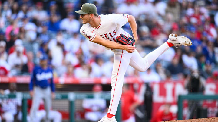 May 15, 2026; Anaheim, California, USA; Los Angeles Angels pitcher Jack Kochanowicz (41) delivers during the first inning against the Los Angeles Dodgers at Angel Stadium. Mandatory Credit: William Liang-Imagn Images