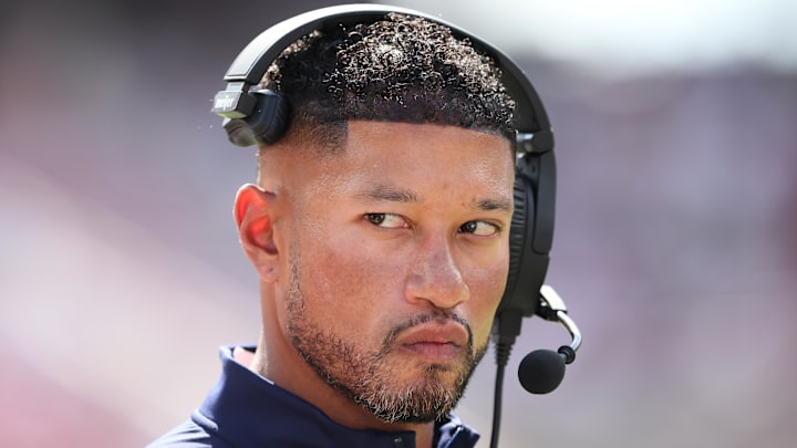 Sep 27, 2025; Fayetteville, Arkansas, USA; Notre Dame Fighting Irish head coach Marcus Freeman during the fourth quarter against the Arkansas Razorbacks at Donald W. Reynolds Razorback Stadium. Notre Dame won 56-13. 