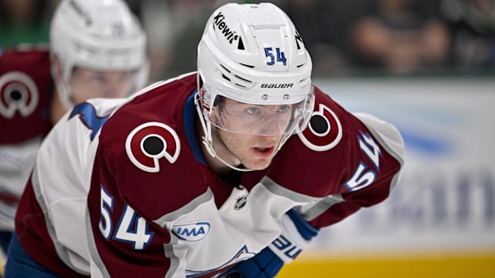 Mar 6, 2026; Dallas, Texas, USA; Colorado Avalanche center Gavin Brindley (54) looks on during the game between the Stars and the Avalanche at American Airlines Center. Mandatory Credit: Jerome Miron-Imagn Images