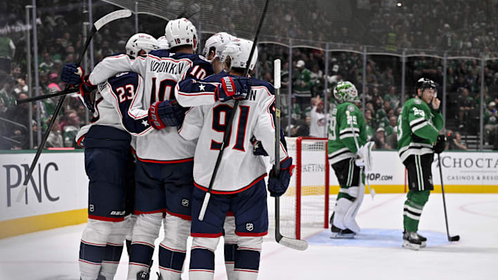 Dmitri Voronkov celebrates a third period goal with his teammates, against the Dallas Stars. 