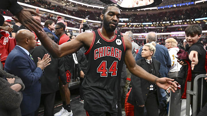 Jan 27, 2025; Chicago, Illinois, USA;  Chicago Bulls forward Patrick Williams (44) greets fans after a game against the Denver Nuggets at the United Center. Mandatory Credit: Matt Marton-Imagn Images
