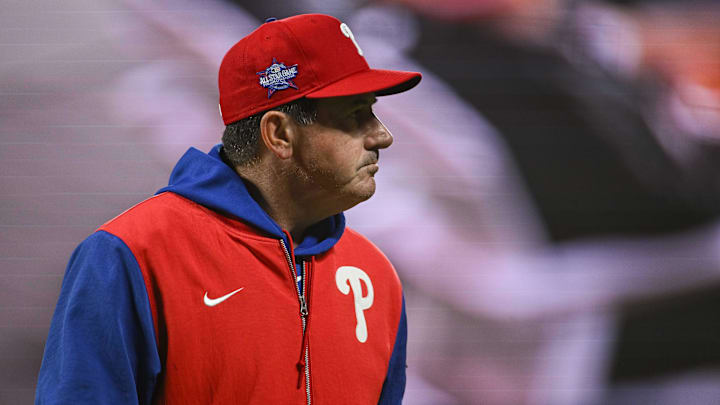 Apr 7, 2026; San Francisco, California, USA; Philadelphia Phillies manager Rob Thomson (49) walks off the mound during the fifth inning of the game against the San Francisco Giants at Oracle Park. 