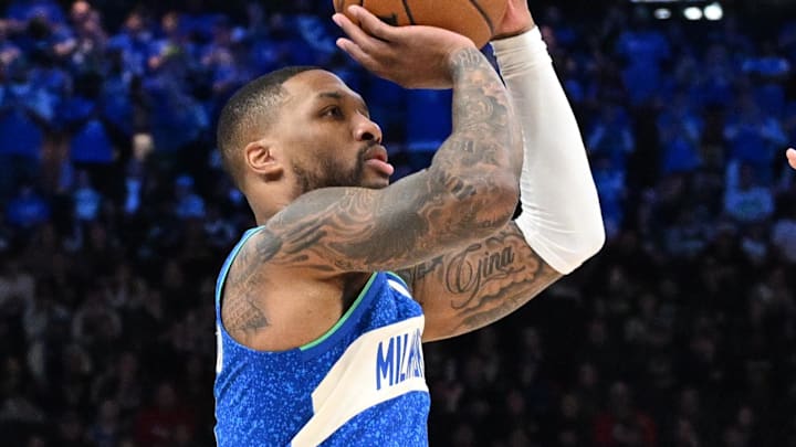 Mar 17, 2024; Milwaukee, Wisconsin, USA; Milwaukee Bucks guard Damian Lillard (0) puts up a shot. 