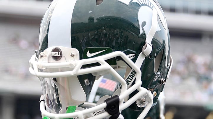 Sep 7, 2013; East Lansing, MI, USA; Close up view of Michigan State Spartans helmet after a game  at