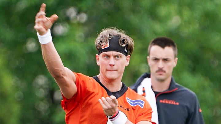 Cincinnati Bengals quarterback Joe Burrow (9) runs through drills during practice, Tuesday, May 13, 2025, at Kettering Health Practice Fields in Downtown Cincinnati. Cincinnati Bengals quarterback Joe Burrow (9) runs through drills during practice, Tuesday, May 13, 2025, at Kettering Health Practice Fields in Downtown Cincinnati.