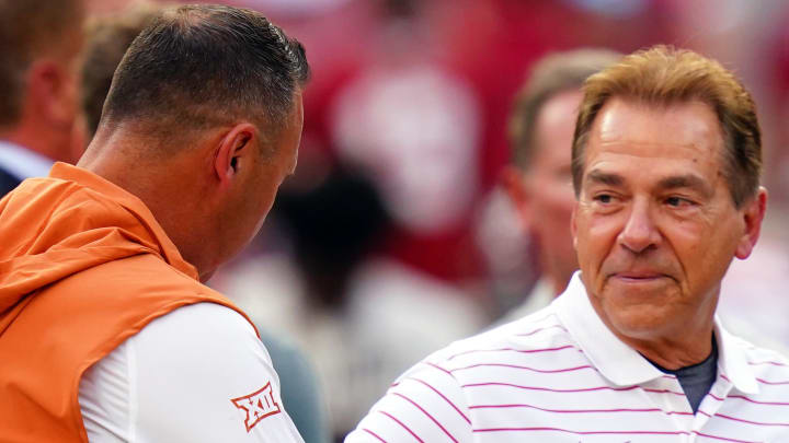 Sep 9, 2023; Tuscaloosa, Alabama, USA; Texas Longhorns head coach Steve Sarkisian greets Alabama Crimson Tide head coach Nick Saban midfield before their game at Bryant-Denny Stadium. Mandatory Credit: John David Mercer-USA TODAY Sportse