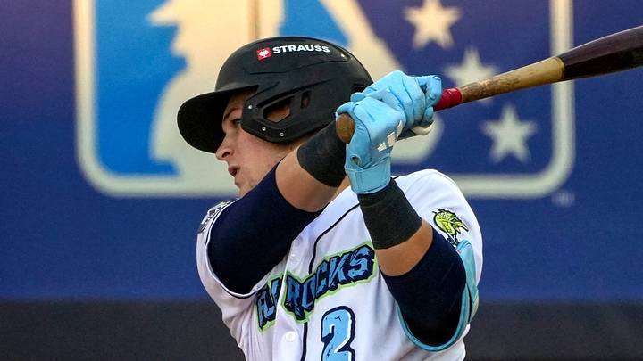 Blue Rocks infielder Eli Willits hits against the Frederick Keys, June 23, 2026 at Frawley Stadium.