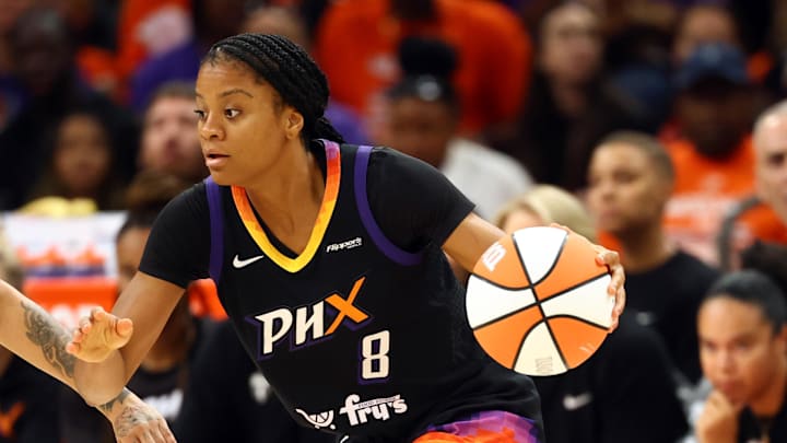 Oct 8, 2025; Phoenix, Arizona, USA; Phoenix Mercury guard Monique Akoa Makani (8) against the Las Vegas Aces during game three of the 2025 WNBA Finals at PHX Arena. Mandatory Credit: Mark J. Rebilas-Imagn Images