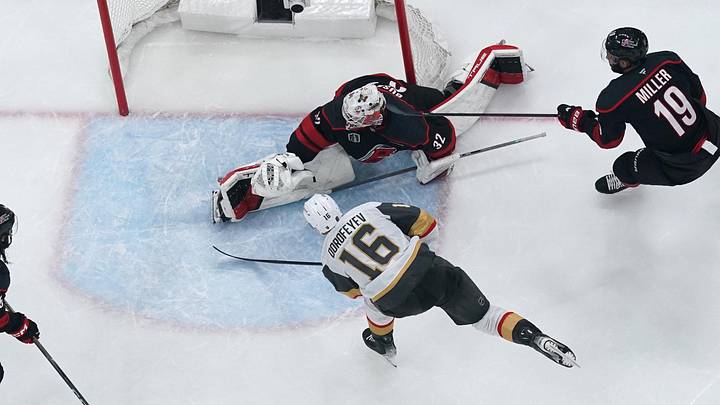 Jun 11, 2026; Raleigh, North Carolina, USA; Vegas Golden Knights right wing Pavel Dorofeyev (16) scores against Carolina Hurricanes goaltender Brandon Bussi (32) and defenseman K'andre Miller (19) during the third period in game five of the 2026 Stanley Cup Final at Lenovo Center. Mandatory Credit: James Guillory-Imagn Images Jun 11, 2026; Raleigh, North Carolina, USA; Vegas Golden Knights right wing Pavel Dorofeyev (16) scores against Carolina Hurricanes goaltender Brandon Bussi (32) and defenseman K'andre Miller (19) during the third period in game five of the 2026 Stanley Cup Final at Lenovo Center. Mandatory Credit: James Guillory-Imagn Images