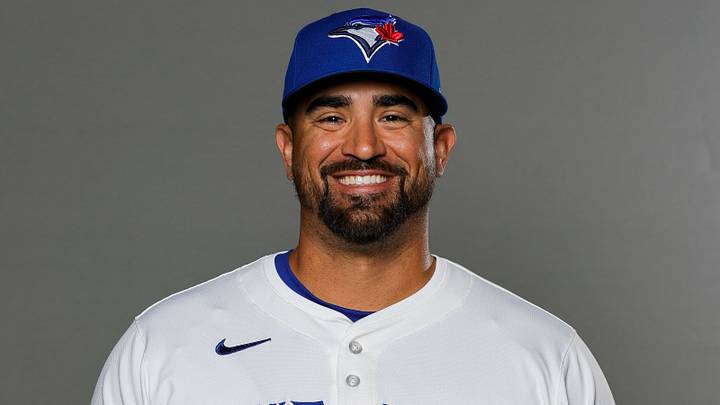 Blue Jays hitting coach David Popkins (79) poses for a photo during media day during spring training Blue Jays hitting coach David Popkins (79) poses for a photo during media day during spring training