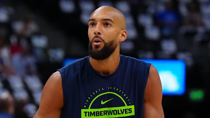 Apr 20, 2026; Denver, Colorado, USA; Minnesota Timberwolves center Rudy Gobert (27) warms up before game two of the first round of the 2026 NBA Playoffs against the Denver Nuggets at Ball Arena. Mandatory Credit: Ron Chenoy-Imagn Images