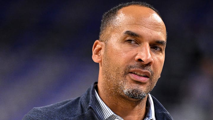 Oct 6, 2025; Fort Worth, Texas, USA; Dallas Mavericks manager Nico Harrison looks on before the game between the Dallas Mavericks and the Oklahoma City Thunder at Dickie's Arena. Mandatory Credit: Jerome Miron-Imagn Images