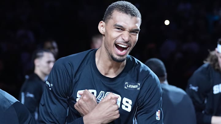 Mar 30, 2026; San Antonio, Texas, USA;  San Antonio Spurs forward Victor Wembanyama (1) is introduced before the game against then Chicago Bulls at Frost Bank Center. Mandatory Credit: Daniel Dunn-Imagn Images