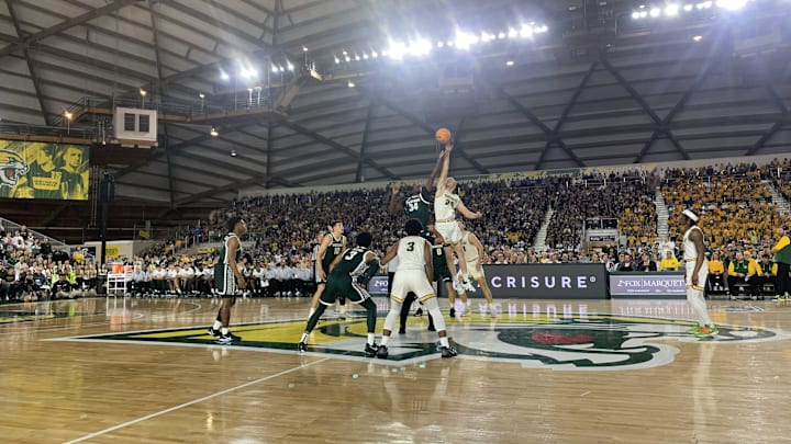 Michigan State and Northern Michigan basketball tip off at the Superior Dome in Marquette during an exhibition Sunday, Oct. 13, 2024.