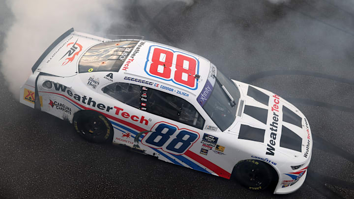 Connor Zilisch celebrates his victory in the Pacific Office Automation 147 at Portland International Raceway,