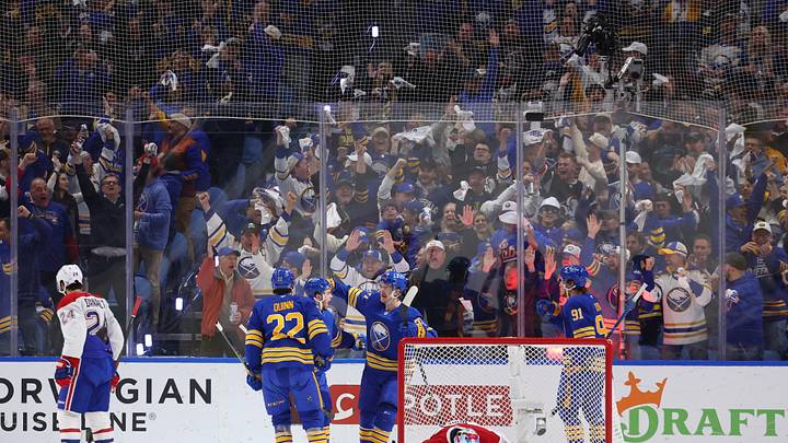 May 6, 2026; Buffalo, New York, USA; Buffalo Sabres center Ryan McLeod (71) celebrates his goal with teammates during the first period against the Montréal Canadiens in game one of the second round of the 2026 Stanley Cup Playoffs at KeyBank Center. Mandatory Credit: Timothy T. Ludwig-Imagn Images