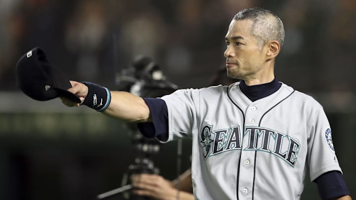 Seattle Mariners outfielder Ichiro Suzuki tips his cap to the crowd during a game against the Athletics on March 21, 2019, at the Tokyo Dome. Seattle Mariners outfielder Ichiro Suzuki tips his cap to the crowd during a game against the Athletics on March 21, 2019, at the Tokyo Dome.