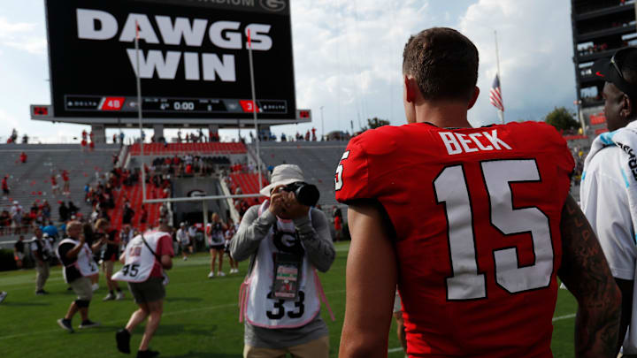 Georgia quarterback Carson Beck (15) heads to the locker room after a NCAA Aflac Kickoff game against Tennessee Tech in Athens, Ga., on Saturday, Sept. 7, 2024. Georgia won 48-3. Georgia quarterback Carson Beck (15) heads to the locker room after a NCAA Aflac Kickoff game against Tennessee Tech in Athens, Ga., on Saturday, Sept. 7, 2024. Georgia won 48-3.