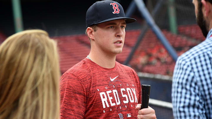 Former Boston Red Sox draft pick Kyle Teel speaks to a media member prior to a game against the New York Mets at Fenway Park.