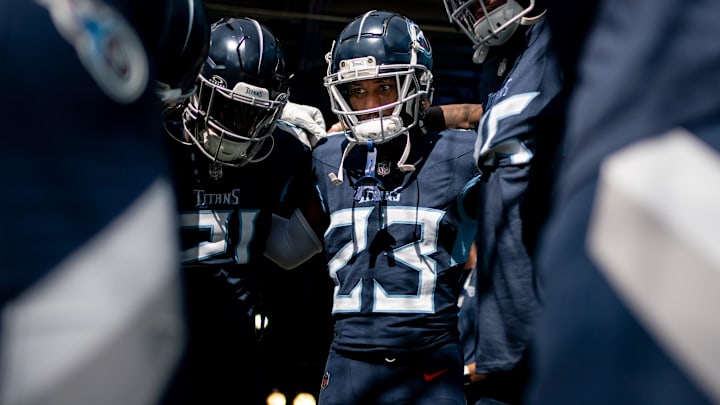 Tennessee Titans cornerback Tre Avery (23) huddles with teammates before a game against the Cincinnati Bengals at Nissan Stadium in Nashville, Tenn., Sunday, Oct. 1, 2023. Tennessee Titans cornerback Tre Avery (23) huddles with teammates before a game against the Cincinnati Bengals at Nissan Stadium in Nashville, Tenn., Sunday, Oct. 1, 2023.