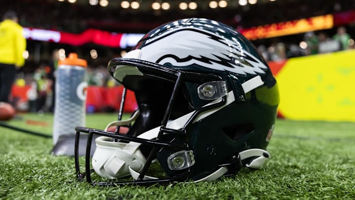 Feb 9, 2025; New Orleans, LA, USA; Detailed view of a Philadelphia Eagles helmet during Super Bowl LIX at Ceasars Superdome. Mandatory Credit: Mark J. Rebilas-Imagn Images Feb 9, 2025; New Orleans, LA, USA; Detailed view of a Philadelphia Eagles helmet during Super Bowl LIX at Ceasars Superdome. Mandatory Credit: Mark J. Rebilas-Imagn Images
