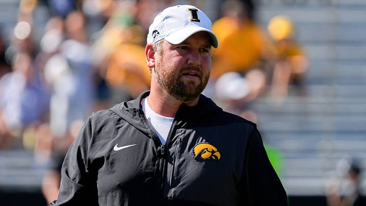 Iowa Hawkeyes Wide Receivers coach Jon Budmayr watches warmups before a football game against the Indiana Hoosiers Sept. 27, 2025 at Kinnick Stadium in Iowa City, Iowa.