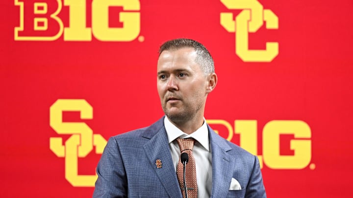 Jul 24, 2024; Indianapolis, IN, USA;  USC Trojans head coach Lincoln Riley speaks to the media during the Big 10 football media day at Lucas Oil Stadium. 