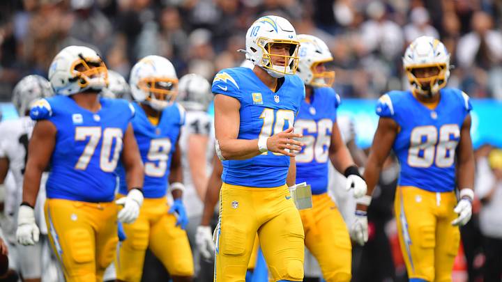 Sep 20, 2026; Inglewood, California, USA; Los Angeles Chargers quarterback Justin Herbert (10) reacts after a play against the Las Vegas Raiders during the second half at SoFi Stadium. Mandatory Credit: Gary A. Vasquez-Imagn Images Sep 20, 2026; Inglewood, California, USA; Los Angeles Chargers quarterback Justin Herbert (10) reacts after a play against the Las Vegas Raiders during the second half at SoFi Stadium. Mandatory Credit: Gary A. Vasquez-Imagn Images